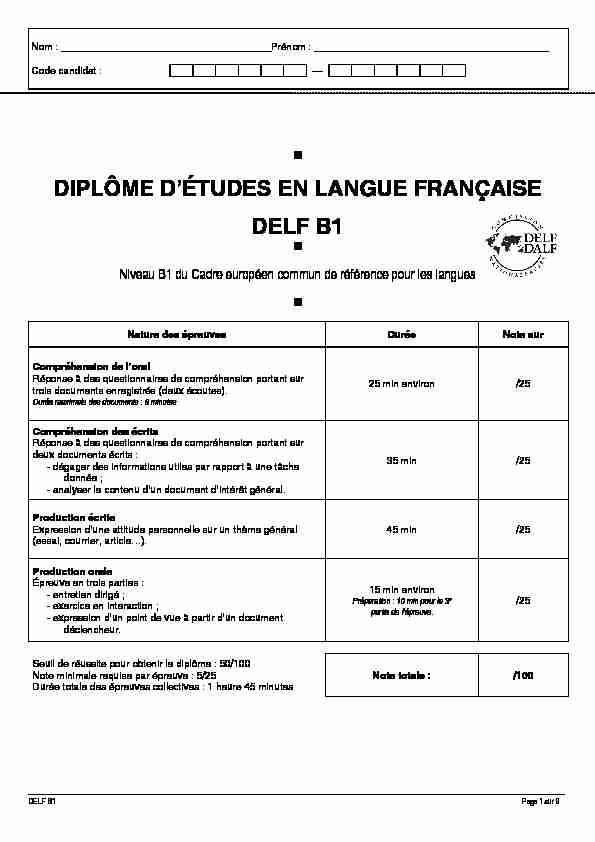 DIPLÔME DÉTUDES EN LANGUE FRANÇAISE DELF B1