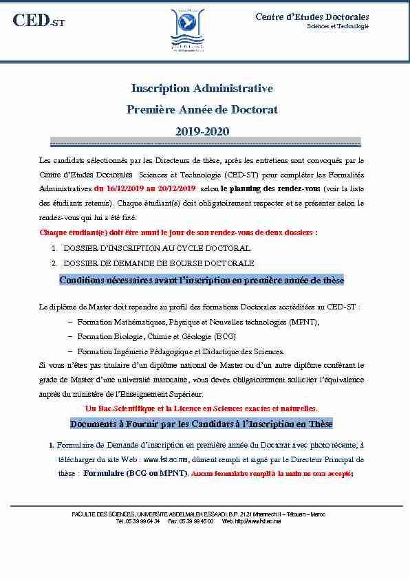[PDF] Inscription Administrative Première Année de Doctorat 2019-2020