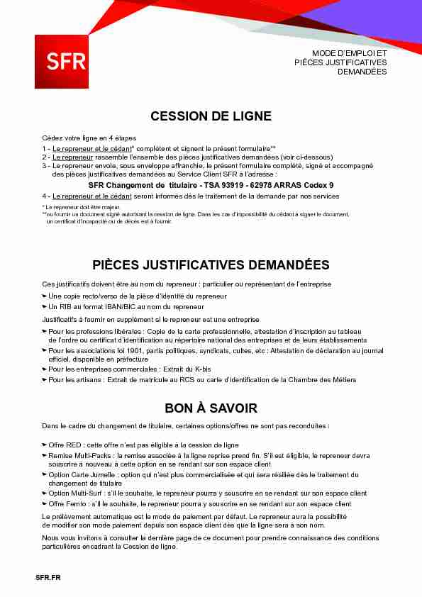 CESSION DE LIGNE PIÈCES JUSTIFICATIVES DEMANDÉES BON