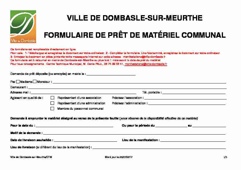 Formulaire de prêt de matériel Dombasle 2017