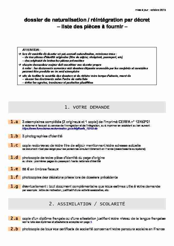 [PDF] dossier de naturalisation / réintégration par décret – liste des pièces