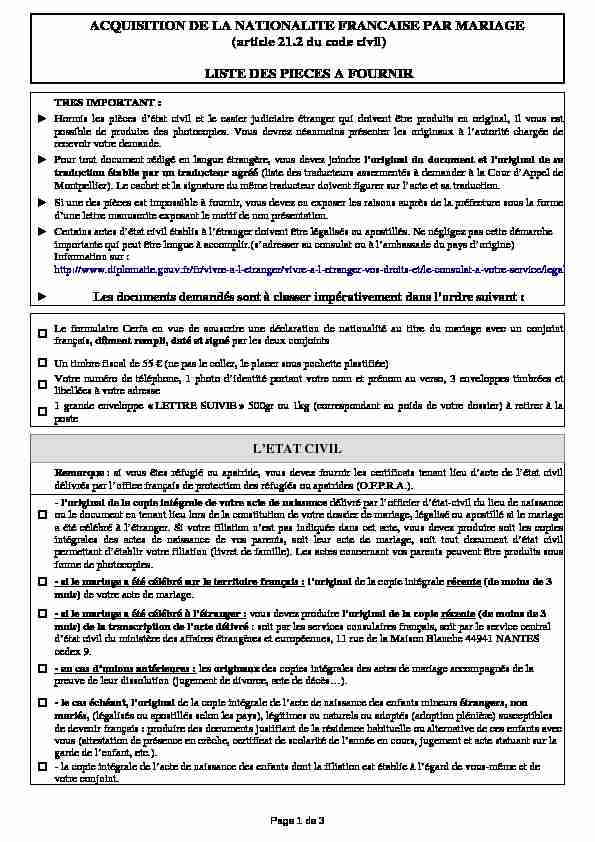 [PDF] ACQUISITION DE LA NATIONALITE FRANCAISE PAR MARIAGE