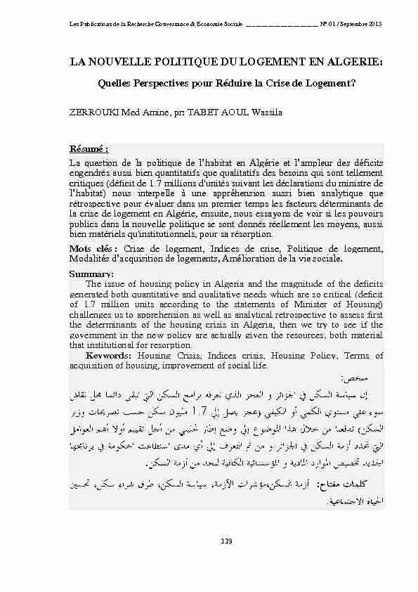 LA NOUVELLE POLITIQUE DU LOGEMENT EN ALGERIE: - Quelles