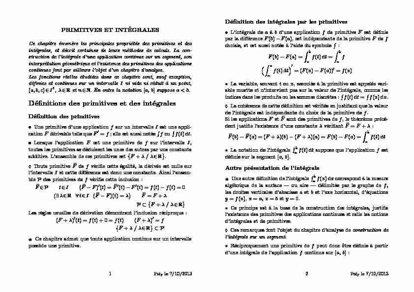 Définitions des primitives et des intégrales