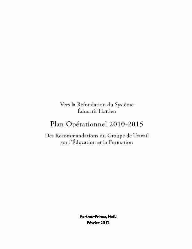 Plan Opérationnel 2010-2015 - Des Recommandations du Groupe
