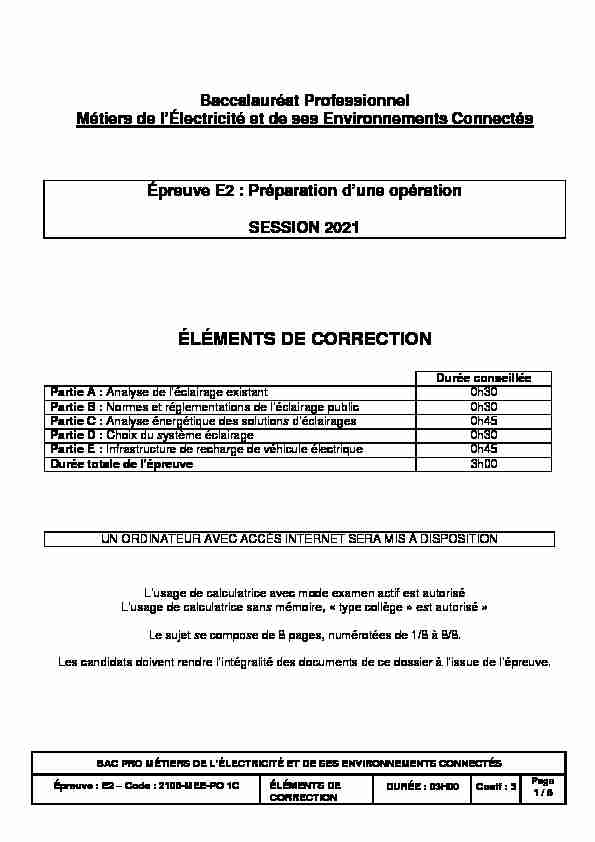 Éléments de correction E2 Métropole BAC PRO MELEC juin 2021