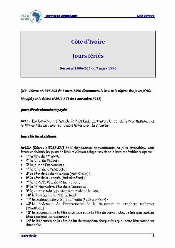 Cote dIvoire - Decret n°1996-205 du 7 mars 1996 determinant la
