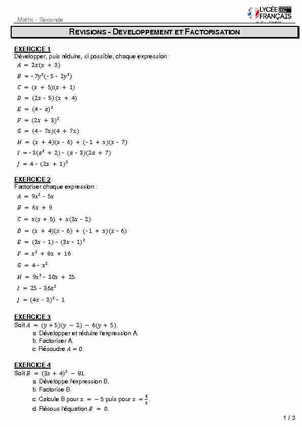 [PDF] REVISIONS - DEVELOPPEMENT ET FACTORISATION - Math2Cool