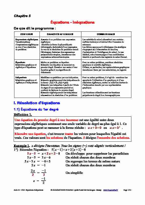 Équations - Inéquations I. Résolution déquations