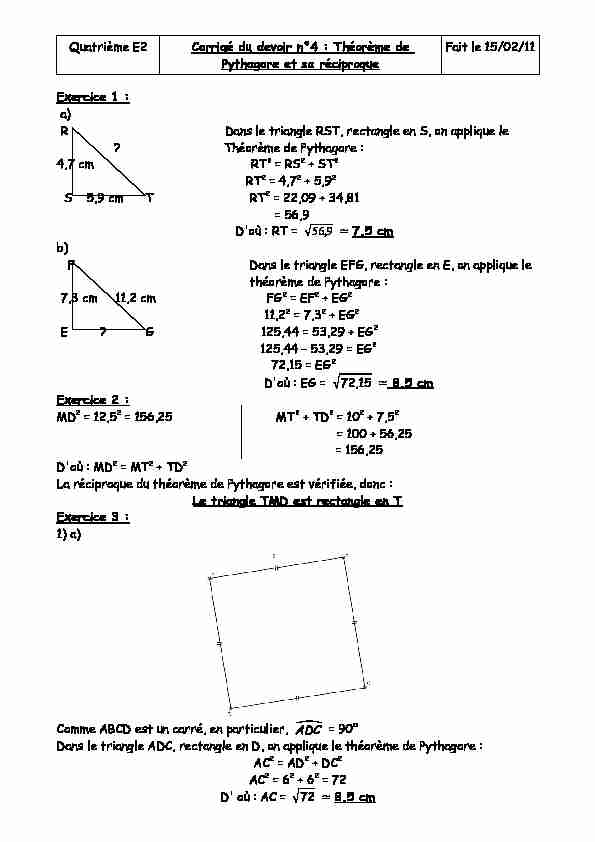 Quatrième E2 Corrigé du devoir n°4 : Théorème de Pythagore et sa