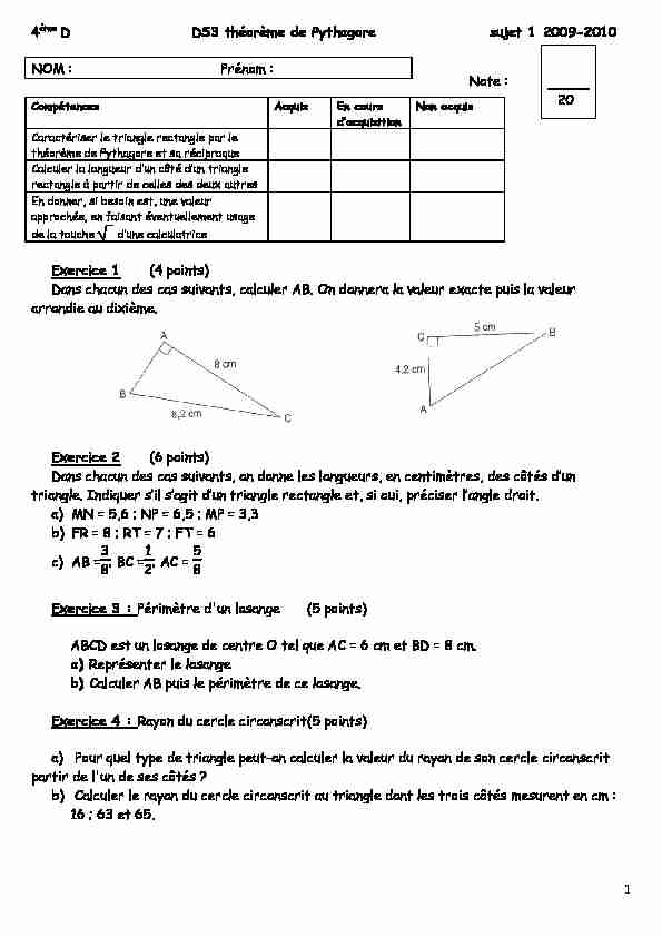 DS3 théorème de Pythagore sujet 1 2009-2010 1 NOM : Prénom