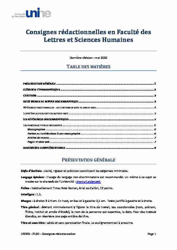 [PDF] Consignes rédactionnelles en Faculté des Lettres et  - UniNE