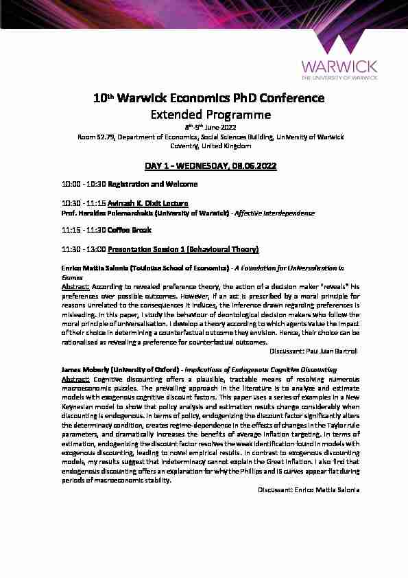 10th Warwick Economics PhD Conference Extended Programme