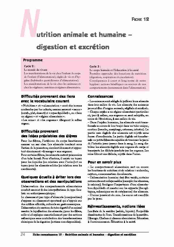 Nutrition animale et humaine – digestion et excrétion