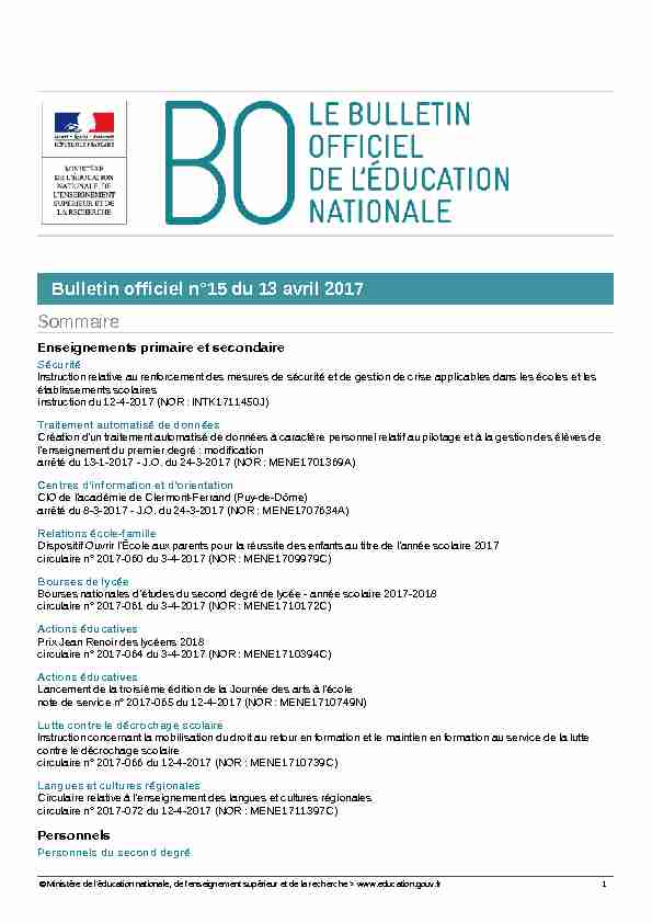Bulletin officiel n°15 du 13 avril 2017 Sommaire