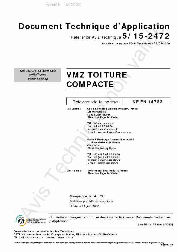 Document Technique dApplication VMZ TOITURE COMPACTE