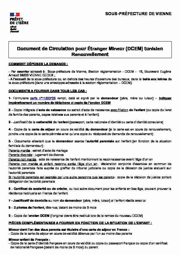 Document de Circulation pour Étranger Mineur (DCEM) tunisien