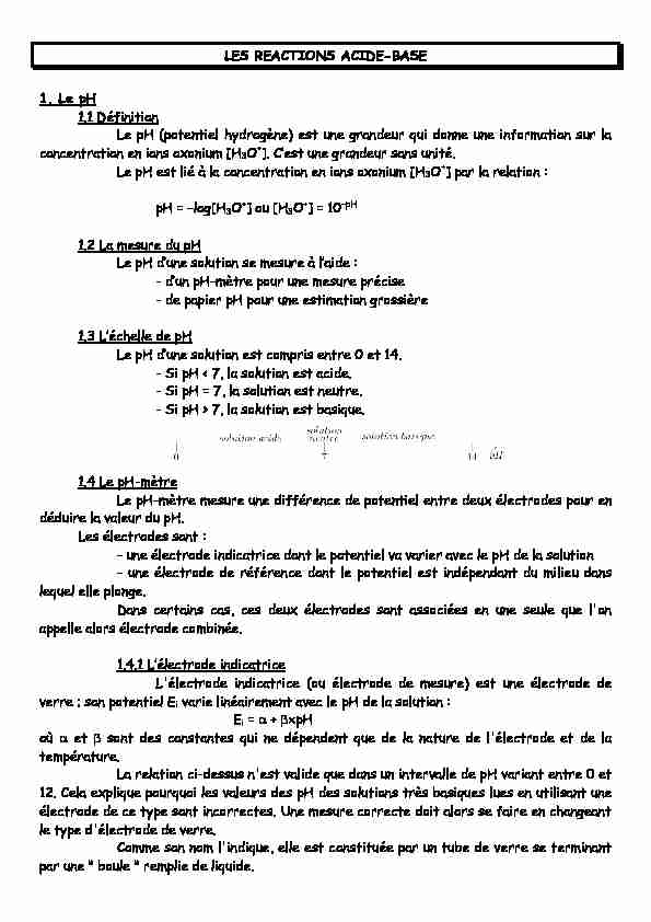 [PDF] LES REACTIONS ACIDE-BASE 1 Le pH 11 Définition Le  - PC-STL