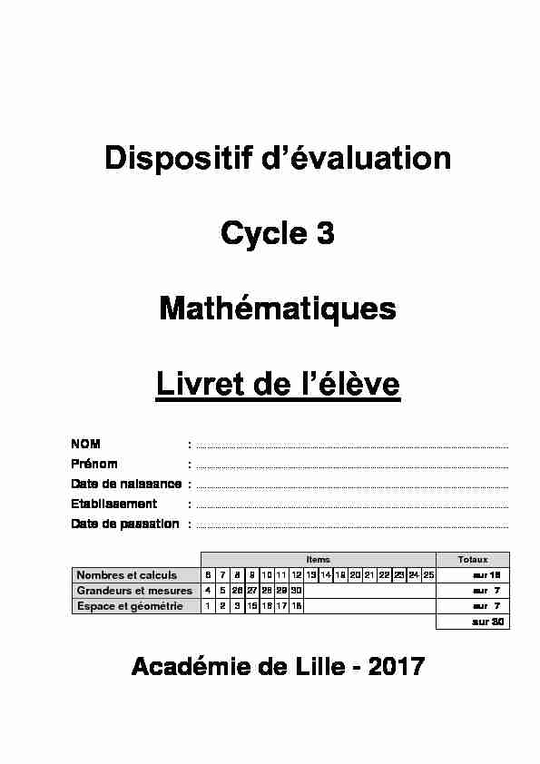 Dispositif dévaluation Cycle 3 Mathématiques Livret de lélève