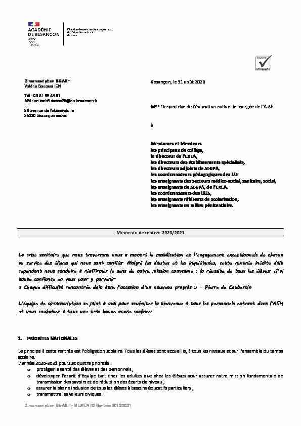 Besançon le 31 août 2020 Mme linspectrice de léducation