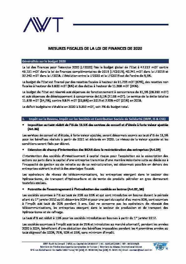[PDF] MESURES FISCALES DE LA LOI DE FINANCES DE 2020