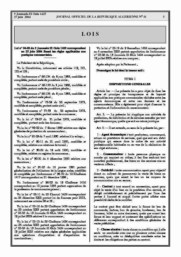 Loi n° 04-02 du 5 Joumada El Oula 1425 correspondant au 23 juin