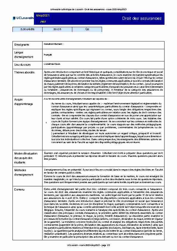 [PDF] Droit des assurances - Université catholique de Louvain