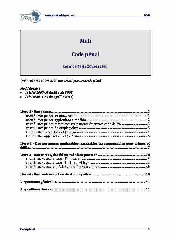 Mali - Loi n°2001-79 du 20 août 2001 portant Code pénal mis a jour