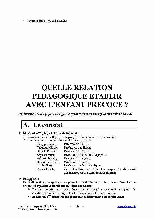 [PDF] QUELLE RELATION PEDAGOGIQUE ETABLIR AVEC LENFANT
