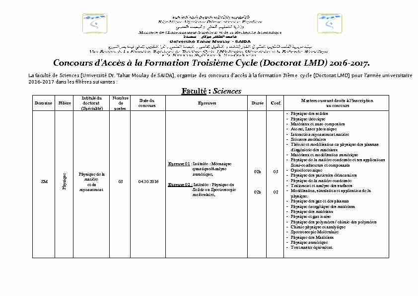 Concours dAccès à la Formation Troisième Cycle (Doctorat LMD