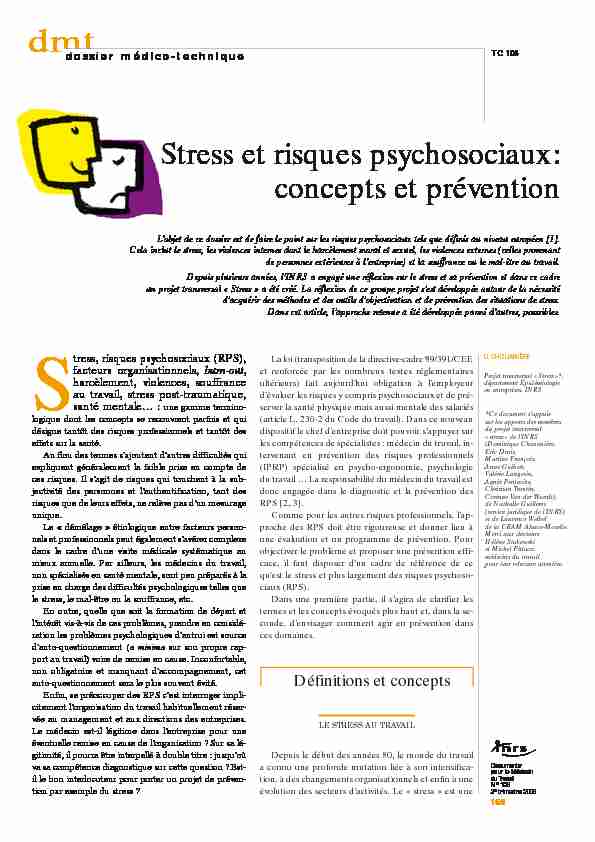 Stress et risques psychosociaux: concepts et prévention