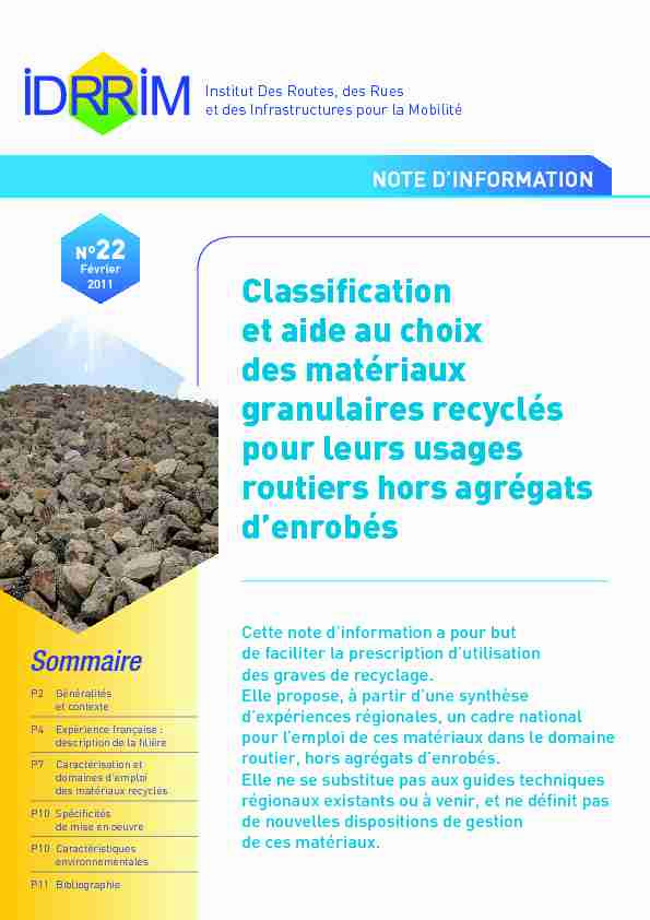Classification et aide au choix des matériaux granulaires recyclés
