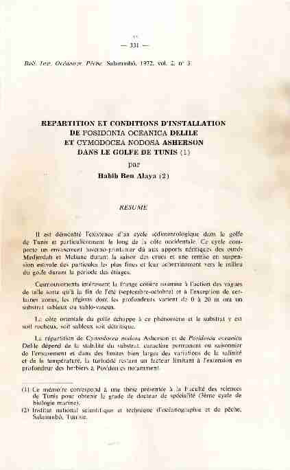 REPARTITION ET CONDITIONS DINSTALLATION DE POSIDONIA