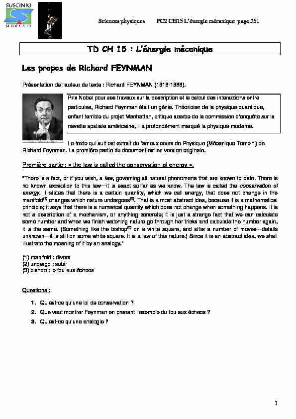 [PDF] TD CH 15 : Lénergie mécanique Les propos de Richard FEYNMAN