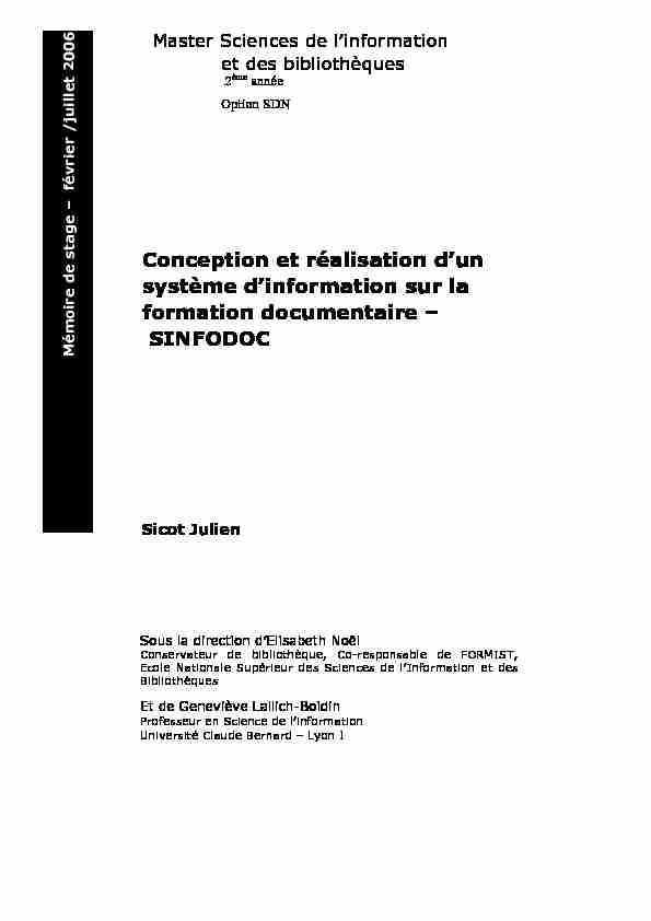 [PDF] Conception et réalisation dun système dinformation sur la  - Enssib