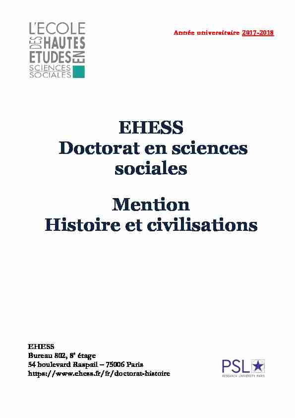 EHESS Doctorat en sciences sociales Mention Histoire et civilisations