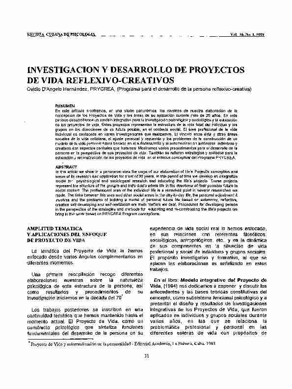 [PDF] INVESTIGACIÓN Y DESARROLLO DE PROYECTOS DE VIDA