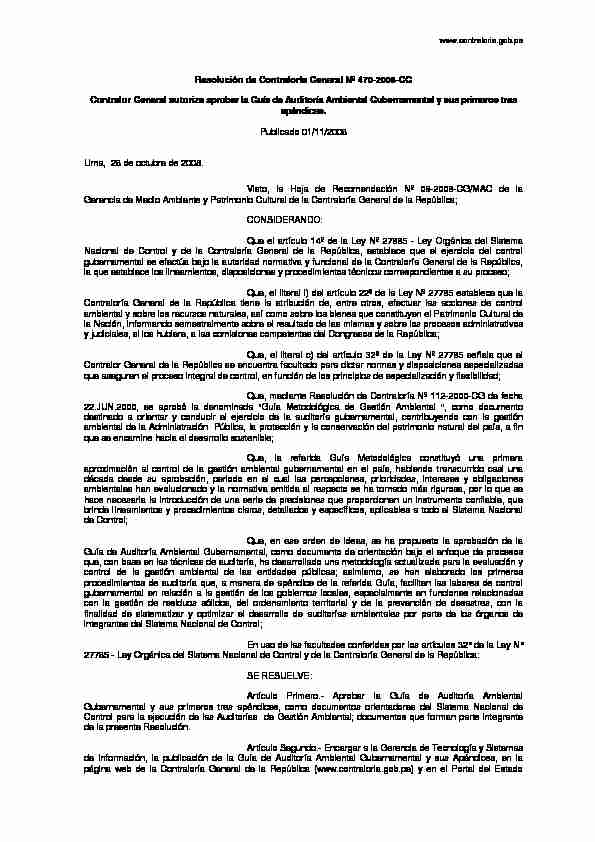 [PDF] Resolución de Contraloría General Nº 470-2008-CG Contralor