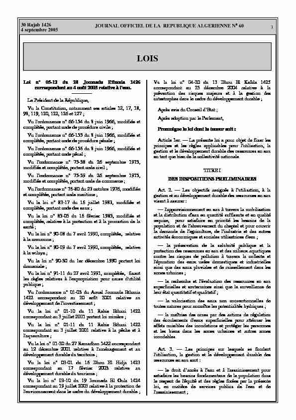 Algerie - Loi n°2005-12 du 4 août 2005 relative a leau (www.droit