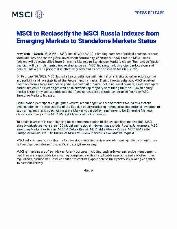 MSCI to Reclassify the MSCI Russia Indexes from Emerging Markets