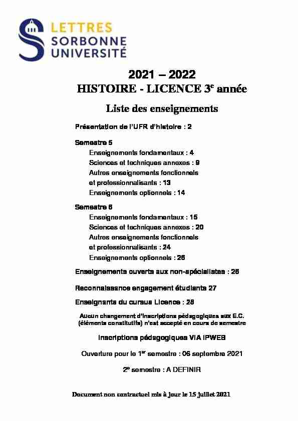 2021 – 2022 HISTOIRE - LICENCE 3 année