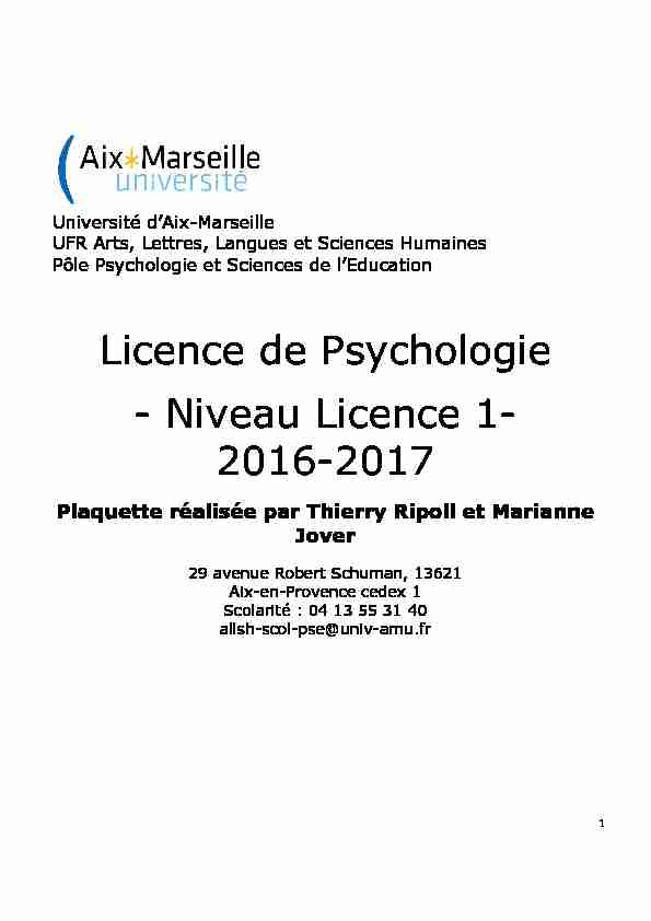 Licence de Psychologie - Niveau Licence 1- 2016-2017