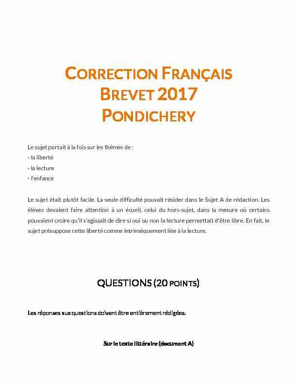 CORRECTION FRANÇAIS BREVET 2017 PONDICHERY - AlloSchool