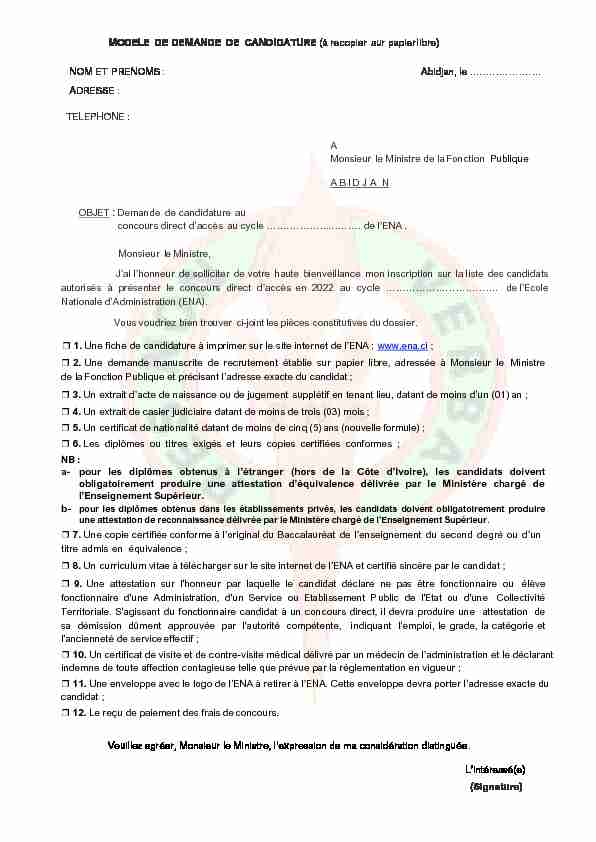 [PDF] MODELE DE DEMANDE DE CANDIDATURE (à recopier  - ENA CI