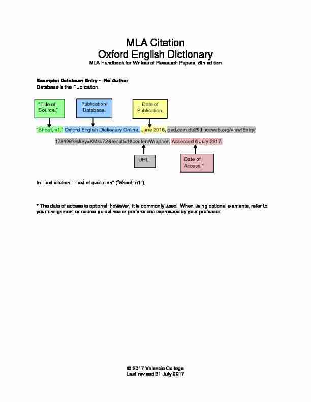 MLA Citation Oxford English Dictionary - Valencia College