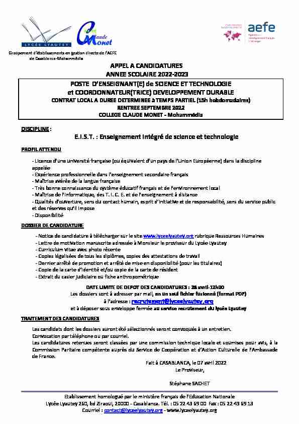 APPEL A CANDIDATURES ANNEE SCOLAIRE 2022-2023 POSTE