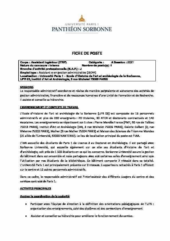 [PDF] FICHE DE POSTE - Université Paris 1 Panthéon-Sorbonne