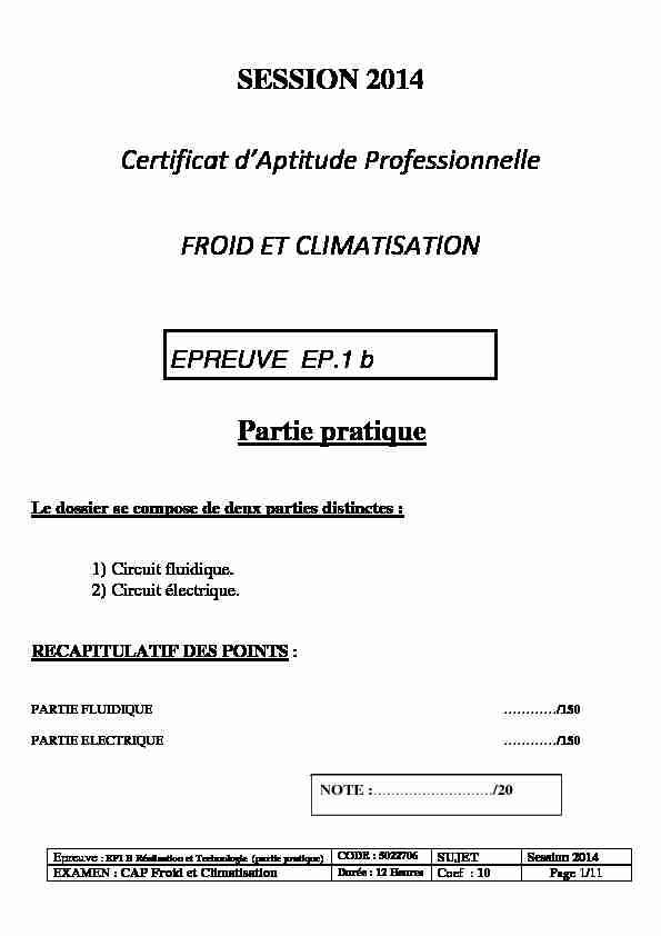 SESSION 2014 Certificat dAptitude Professionnelle FROID ET