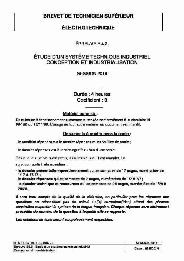 [PDF] BTS électrotechnique sujet métropole E42-session 2016 - Eduscol