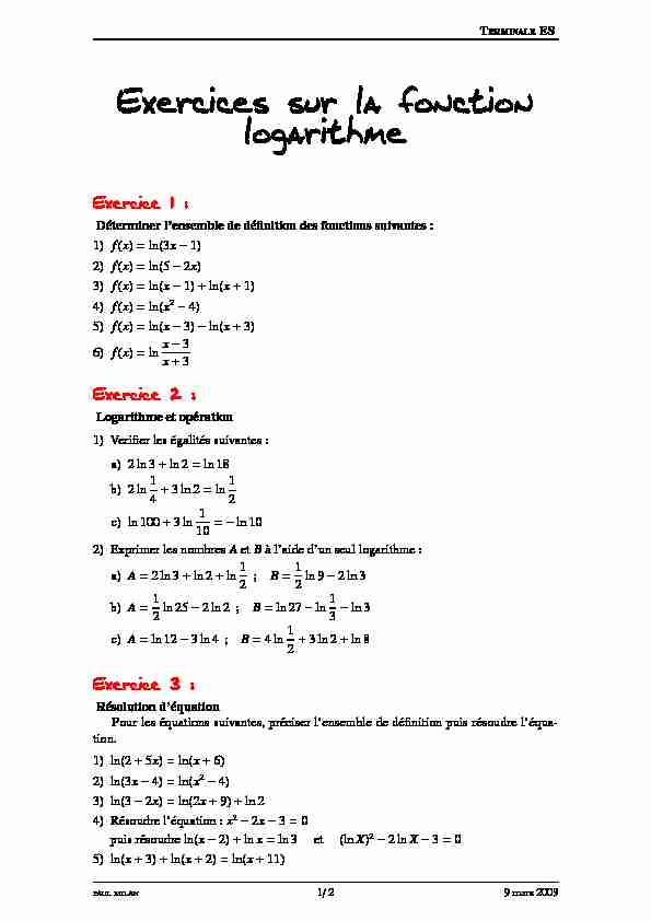 Exercices sur la fonction logarithme